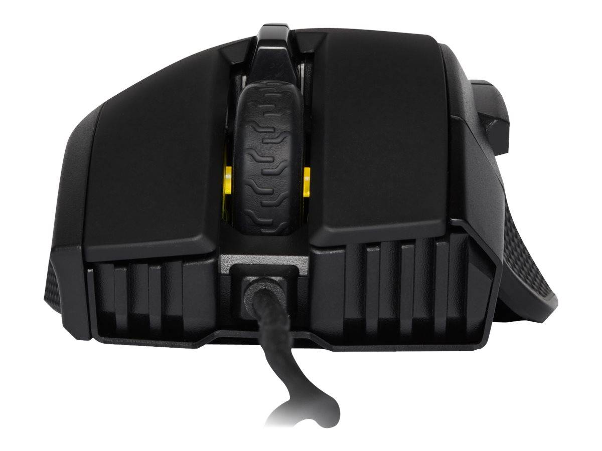 Schwarze Gaming-Maus mit strukturiertem Scrollrad und geflochtenem Kabel, Vorderansicht auf weißem Hintergrund.