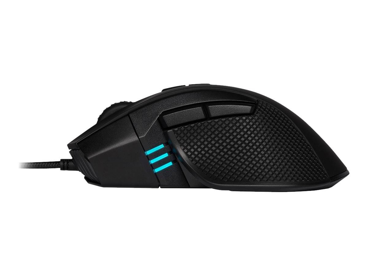Schwarze kabelgebundene Gaming-Maus mit strukturiertem Griff und drei blauen seitlichen LED-Leisten, gezeigt auf weißem Hintergrund.