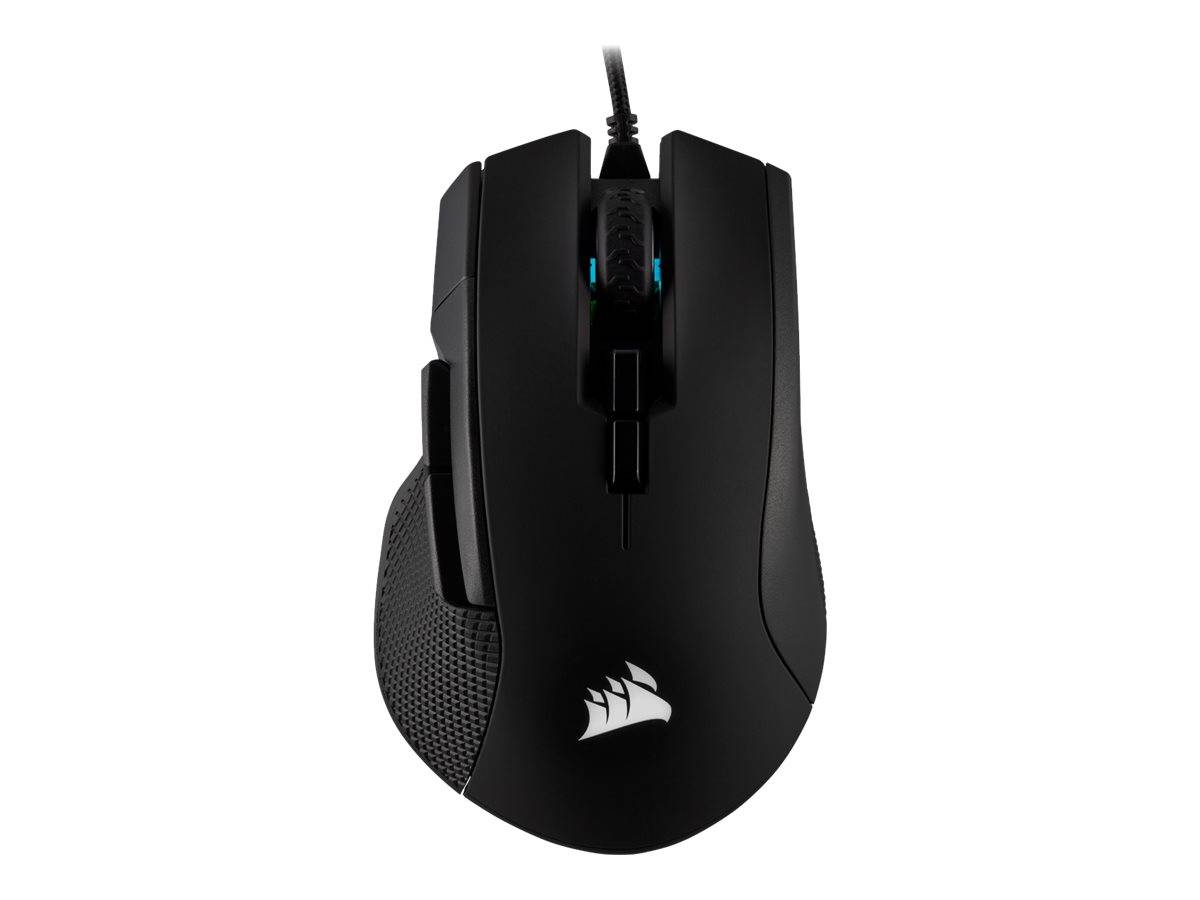 Schwarze kabelgebundene Gaming-Maus Corsair mit beleuchtetem Scrollrad und seitlichem Griff, auf weißem Hintergrund gezeigt