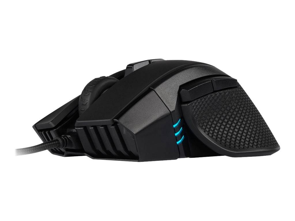 Schwarze kabelgebundene Gaming-Maus mit strukturierten Seitengriffen und blauen Akzentlichtern, gezeigt auf weißem Hintergrund.