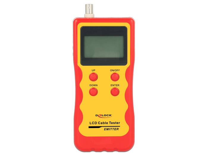 Ein tragbarer rot-gelber LCD-Kabeltester mit Bildschirm, vier Steuerungstasten und einem oberen Anschluss, mit der Bezeichnung „LC CABLE TESTER EMITTER