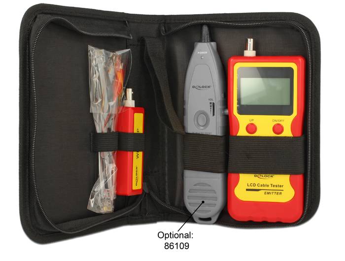 Offenes Reißverschluss-Etui mit einem Kabeltester-Set mit drei tragbaren Geräten, einschließlich eines roten LCD-Kabeltesters mit der Bezeichnung „EMITTER