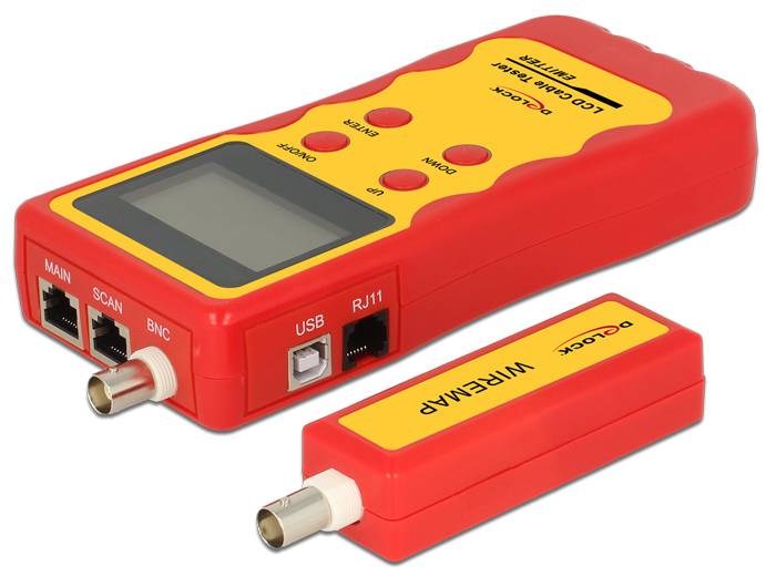 Rot/rotes Kabel-Testgerät mit LCD-Bildschirm und Tasten, gezeigt mit einem kleinen Drahtbelegungs-Modul und Anschlüssen für Haupt-, Scan-, BNC-, USB- und RJ11-Verbindungen.