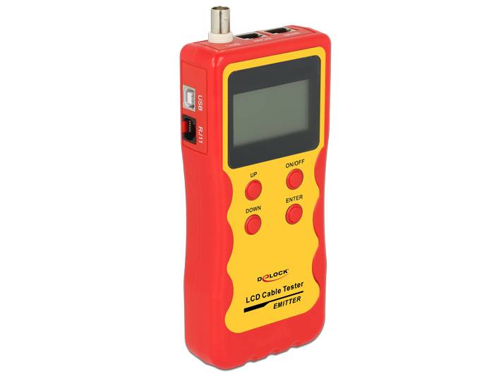 Tragbares rot-gelbes LCD-Kabeltestgerät mit Bildschirm, Tasten und oberem Steckeranschluss auf weißem Hintergrund