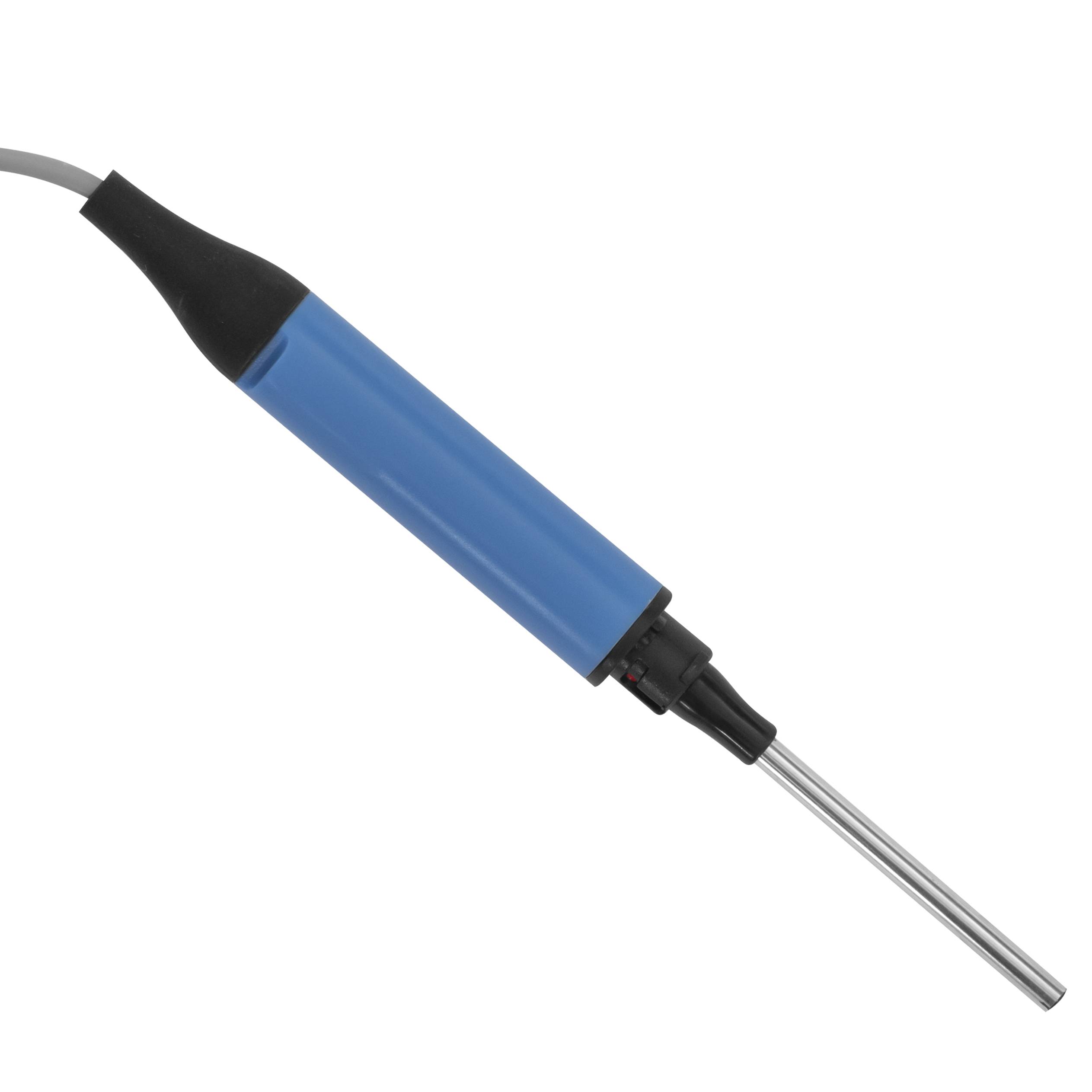 Eine blau-schwarze tragbare Temperatursonde mit einer Metallsensorspitze ist an einem Kabel befestigt und wurde zum Messen von Temperaturen entwickelt.