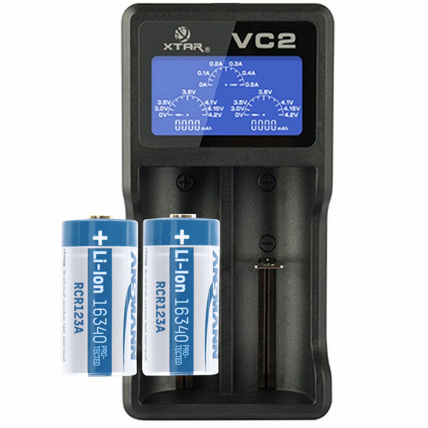 2 Stück CR123A Li-Ion wiederauflafbar mit bis zu 760mAh und USB-Ladegerät mit großem Display, mit bis zu 0,5Ah Ladestrom