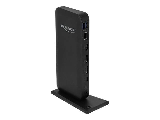 Schwarze Delock vertikale Dockingstation auf einem Ständer, mit USB-Anschlüssen und weiteren Seitensteckverbindern.