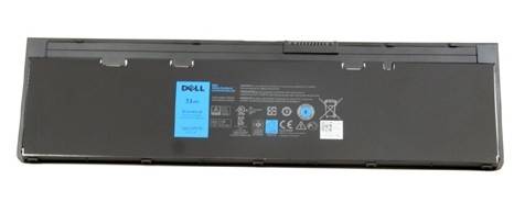 Schwarze Dell-Laptop-Batterie, flach dargestellt, mit sichtbarem Etikett und Steckkontakten.