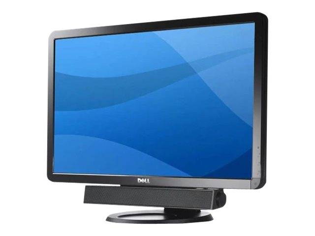 Ein Dell-Flachbildschirm-Monitor auf einem Ständer, der einen blauen Hintergrund mit Wellenmuster anzeigt.