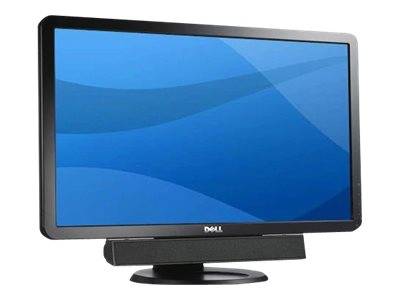 Ein Flachbildschirm-Monitor von Dell mit einem blauen abstrakten Hintergrund mit wellenförmigen Mustern, auf einem schwarzen Ständer platziert.