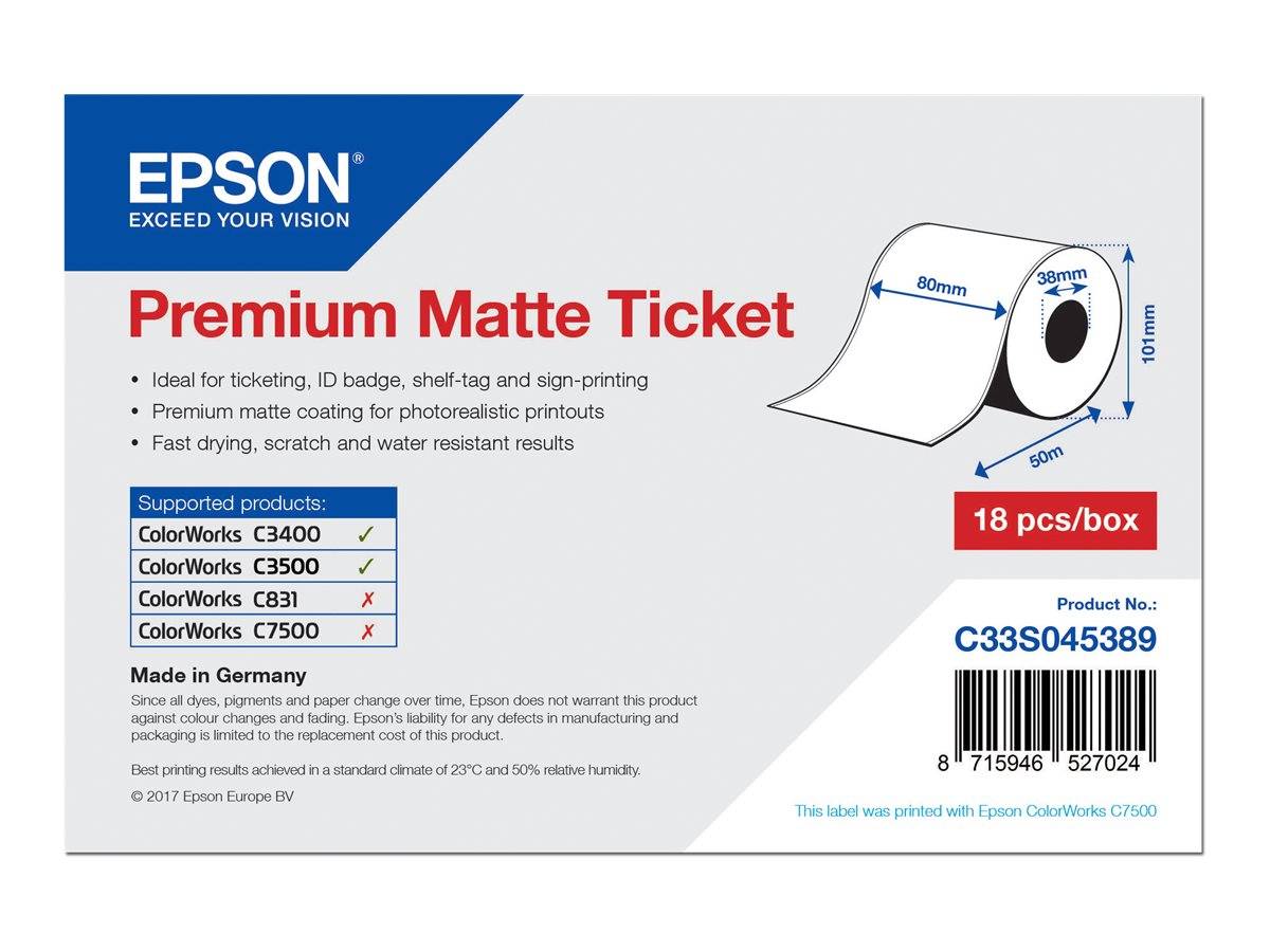 Epson Premium Matte Ticket Papier-Etikett mit Rollenabmessungen und Kompatibilität mit ColorWorks-Druckern sowie Produktnummer C33S045389 und 18 Stück/Karton.