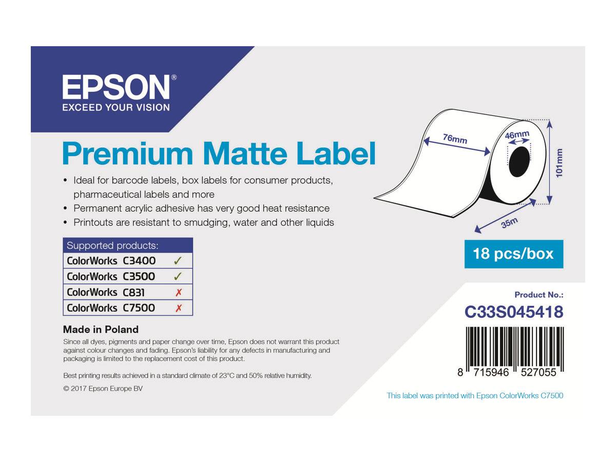 Epson Premium - Matt - Rolle (7,6 cm x 35 m) 1 Rolle(n) Etiketten-Endlospapier - für Epson TM-C3400-LT; ColorWorks CW-C4