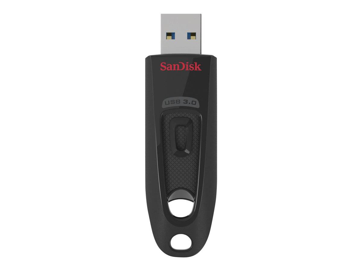 Ein schwarzes SanDisk USB 3.0-Speicherlaufwerk mit Schiebeanschluss, frontal auf weißem Hintergrund dargestellt.