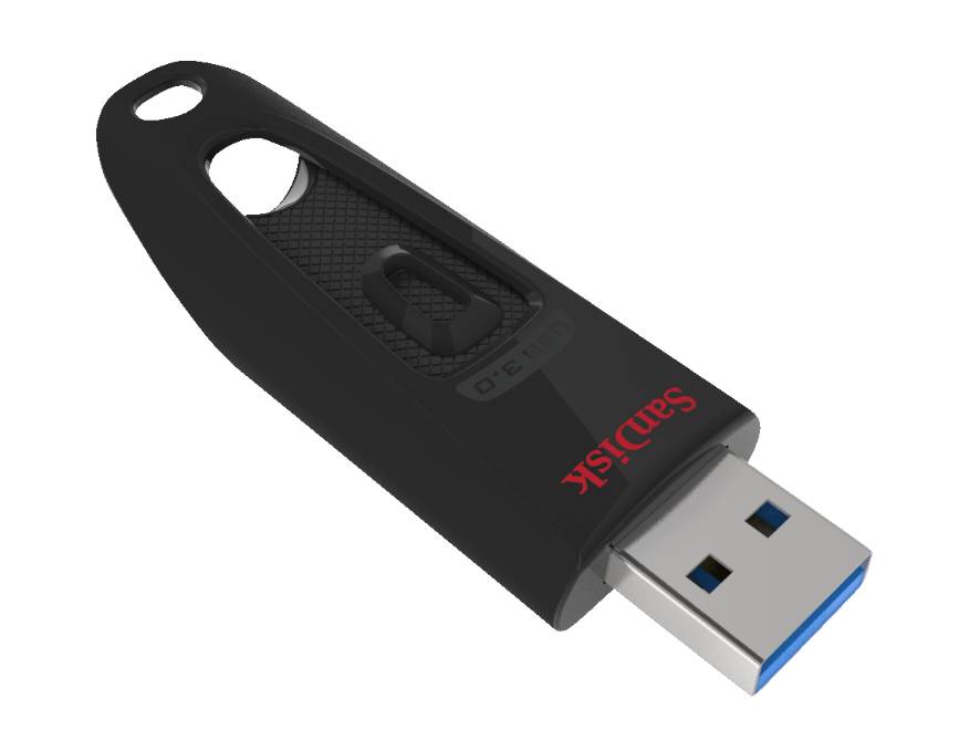 Schwarzes SanDisk-USB-Flash-Laufwerk mit deckellosem Schiebeanschluss, angewinkelt auf weißem Hintergrund dargestellt.
