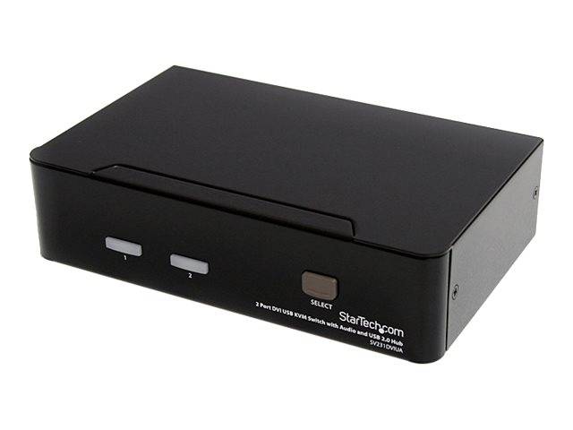 Black StarTech.com 2-Port DVI USB KVM-Schalterbox mit vorderen Tasten und Statusleuchten, auf weißem Hintergrund angezeigt
