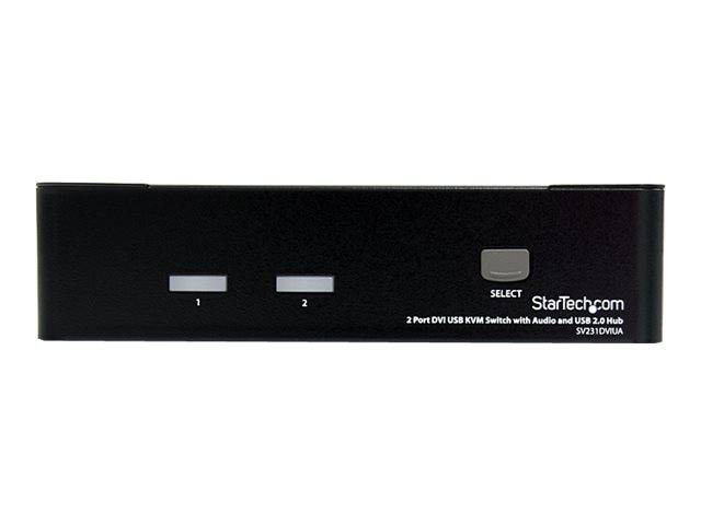 Schwarzer 2-Port-DVI-USB-KVM-Schalter mit Audio und USB-2.0-Hub, mit zwei Port-Tasten und einer Select-Taste auf der Frontplatte.