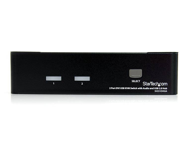 Black StarTech 2-Port-DVI-USB-KVM-Schalter mit Audio und USB-2.0-Hub, mit zwei vorderen Anschlussschaltflächen und einer Auswahlschaltfläche.