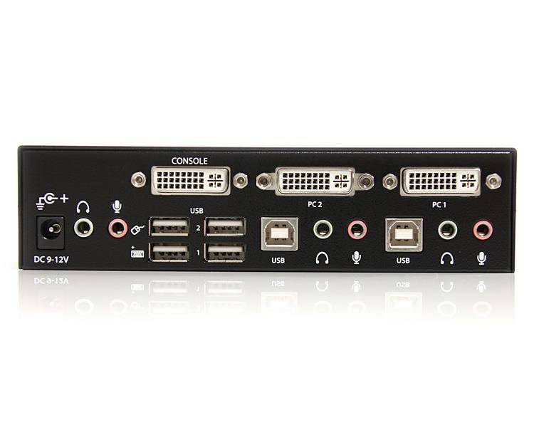 Rückansicht eines schwarzen KVM-ähnlichen Umschalters mit Konsolen- und PC1/PC2-Anschlüssen, einschließlich DVI-, USB-, Audiobuchsen und 12V-Gleichstromeingang.