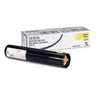 Xerox Geltonerpatrone mit ihrer Verpackungsbox, gezeigt auf weißem Hintergrund.