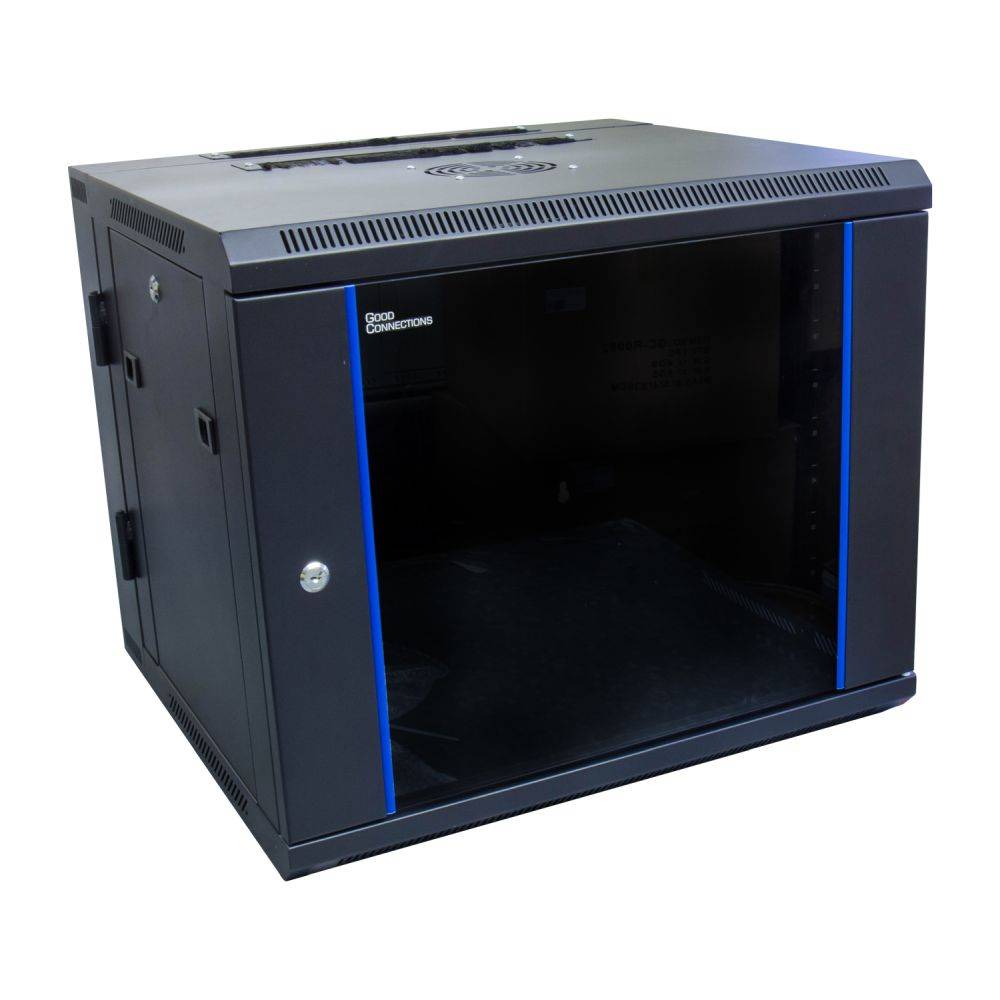 Good Connections® 19" Wandgehäuse, 9HE, tiefschwarz (RAL9005) Rückseite schwenkbar, 600x550 mm, fertig montiert