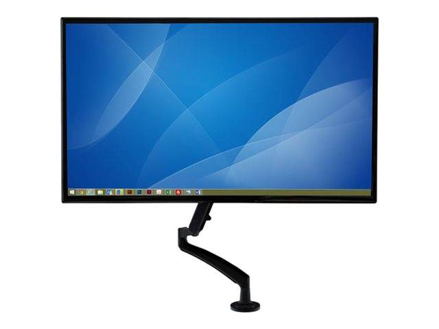 Flacher Computermonitor mit blauem Desktop-Hintergrund auf schwarzem verstellbarem Ständer vor weißem Hintergrund.