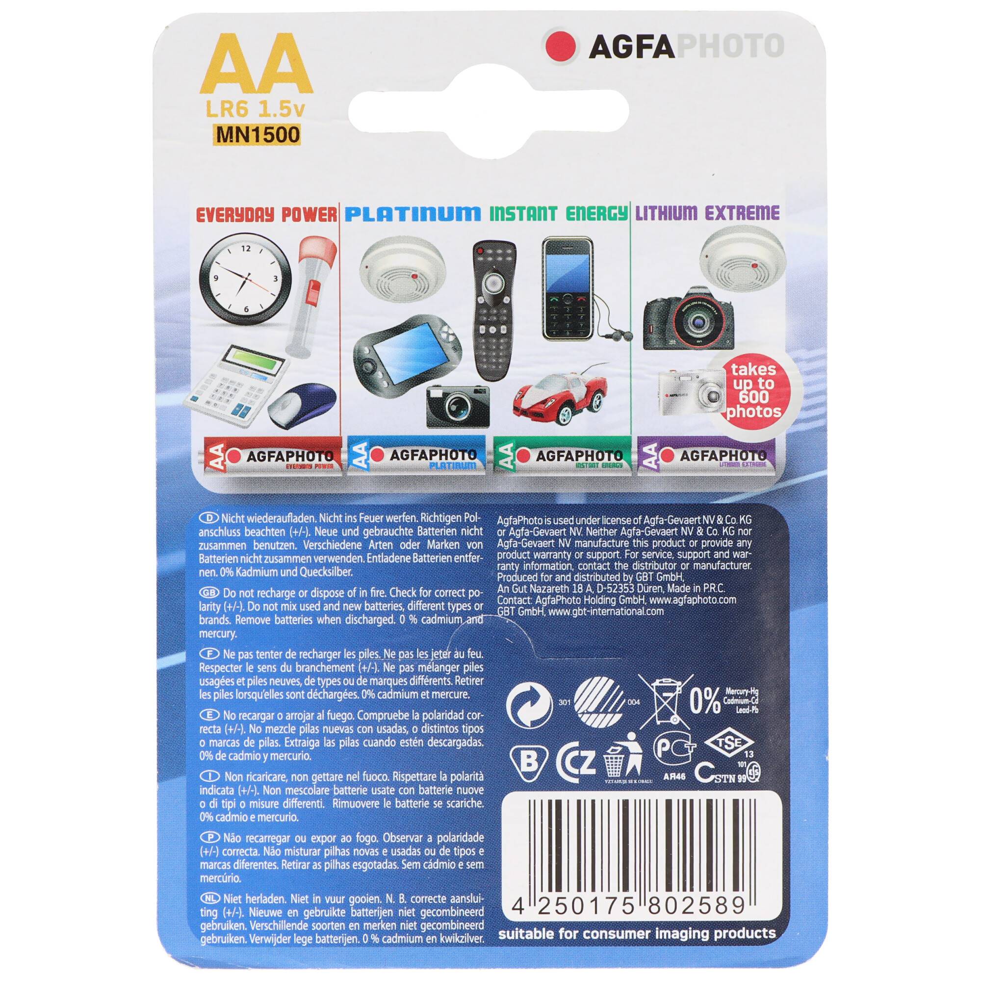 12x AgfaPhoto LR06 Mignon AA-Batterie Alkali-Mangan 1.5 Volt 4 Stück Platinum