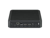 Schwarzer kompakter Mini-PC mit belüftetem Oberteil und vorderen Anschlüssen, gezeigt auf weißem Hintergrund.