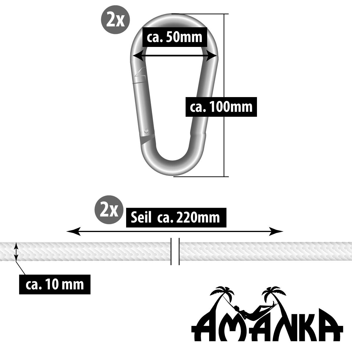 Hängematten Befestigung bis 160kg - mit Karabiner und Seilen