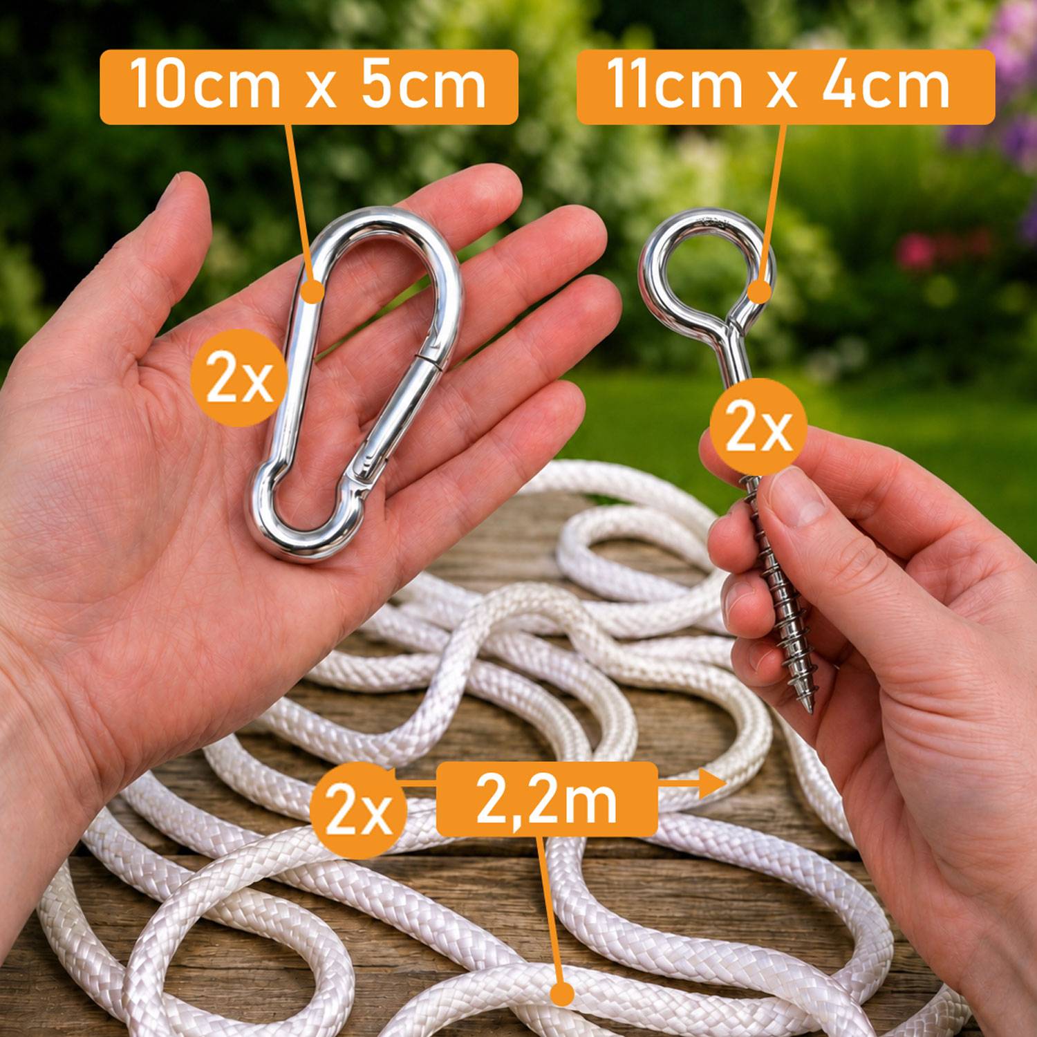 Hängematten Befestigung bis 160kg - mit Karabiner und Schrauben