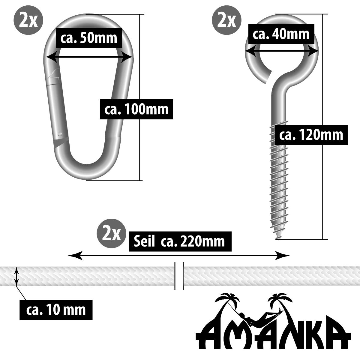 Hängematten Befestigung bis 160kg - mit Karabiner und Schrauben
