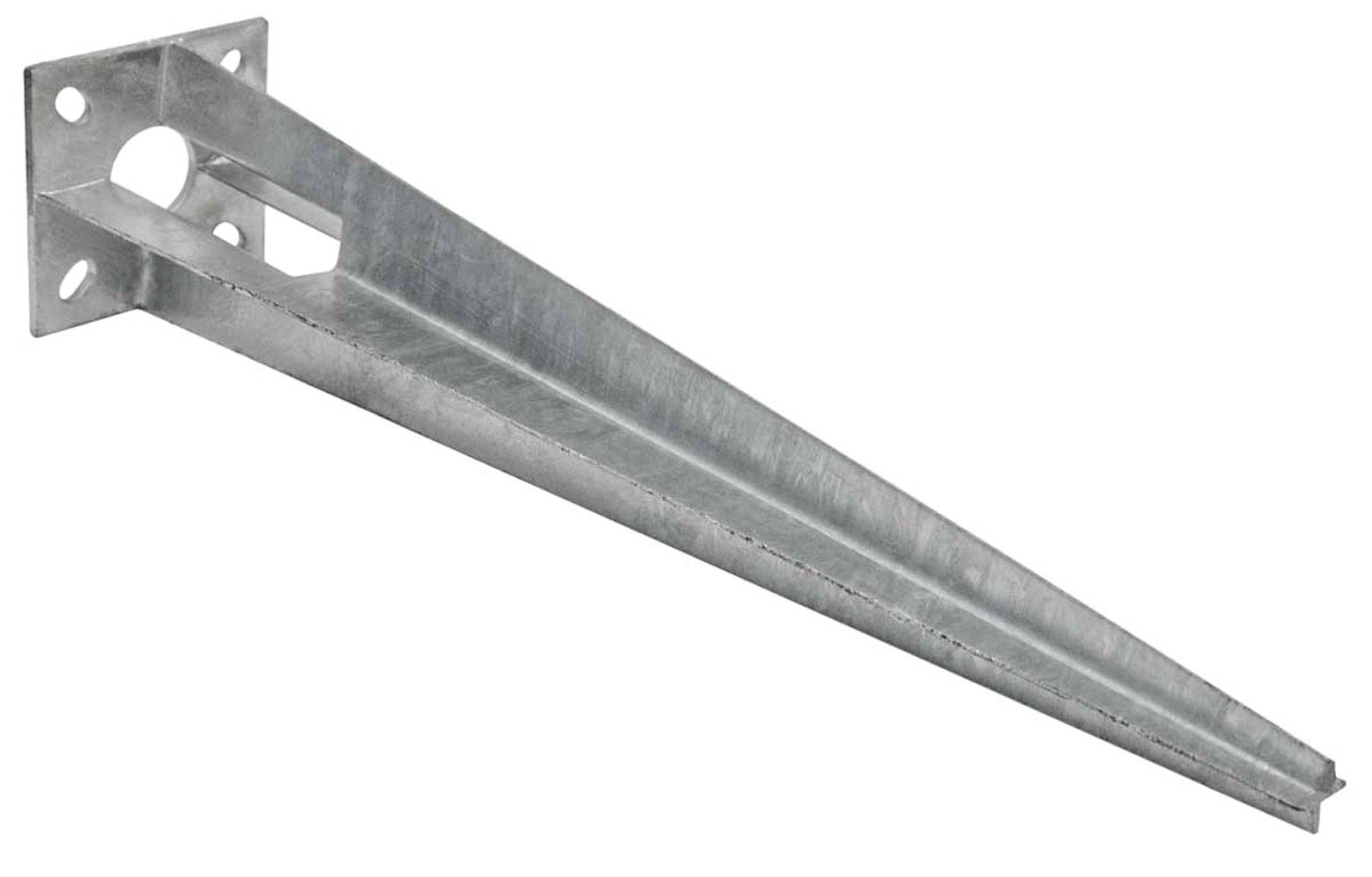 Metallische Bodenverankerungsklammer mit langem kegelförmigem Dorn zum Befestigen eines Pfostens oder einer Struktur im Boden.