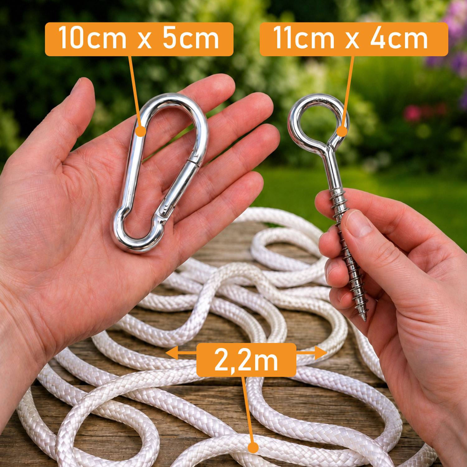 Hängematten Befestigung bis 160kg - mit Karabiner und Schrauben