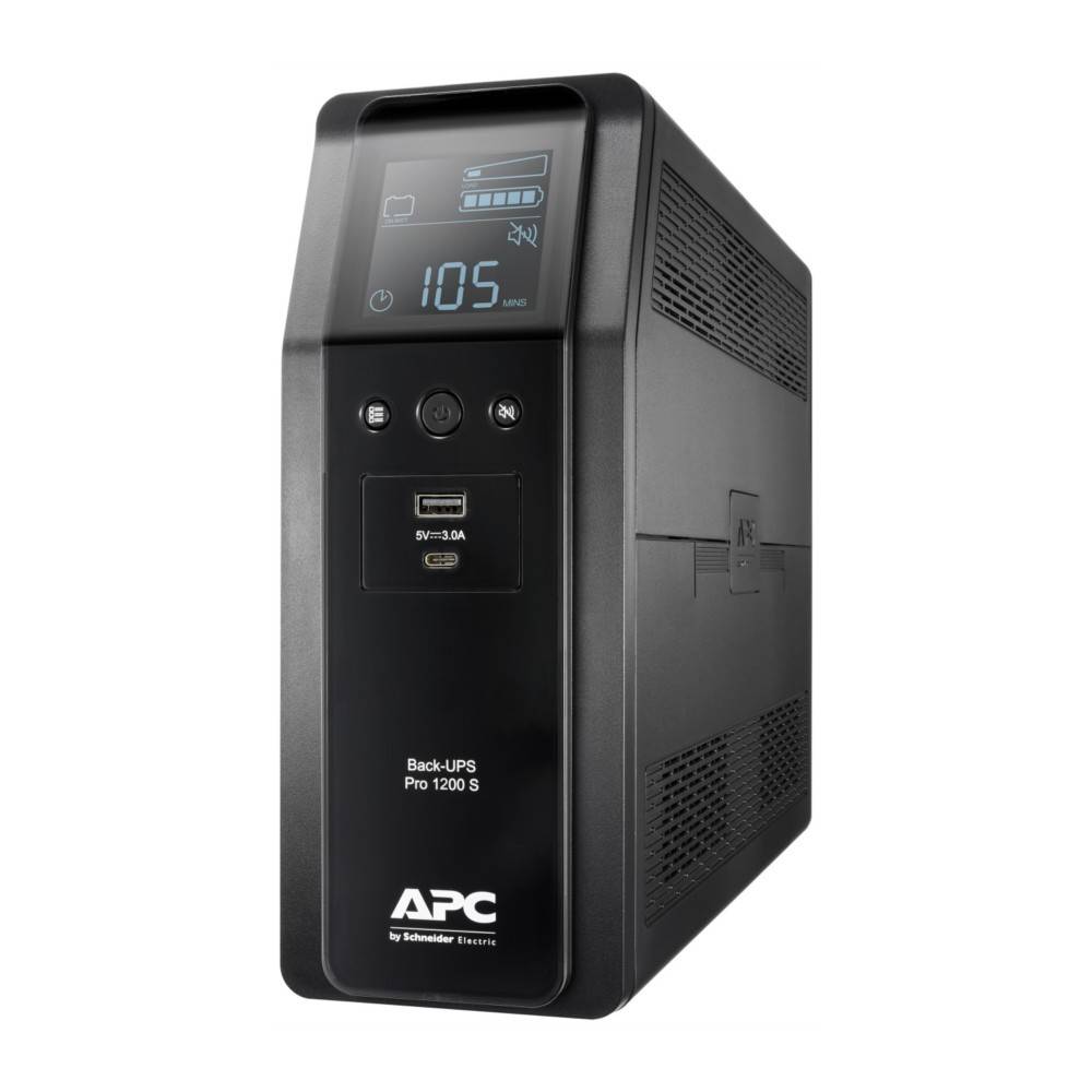 Ein schwarzes APC Back-UPS Pro 1200 S-Gerät mit einer digitalen Anzeige, die '105' zeigt. Es verfügt über einen USB-Anschluss und Anzeigen für Batterie- und Stromstatus.