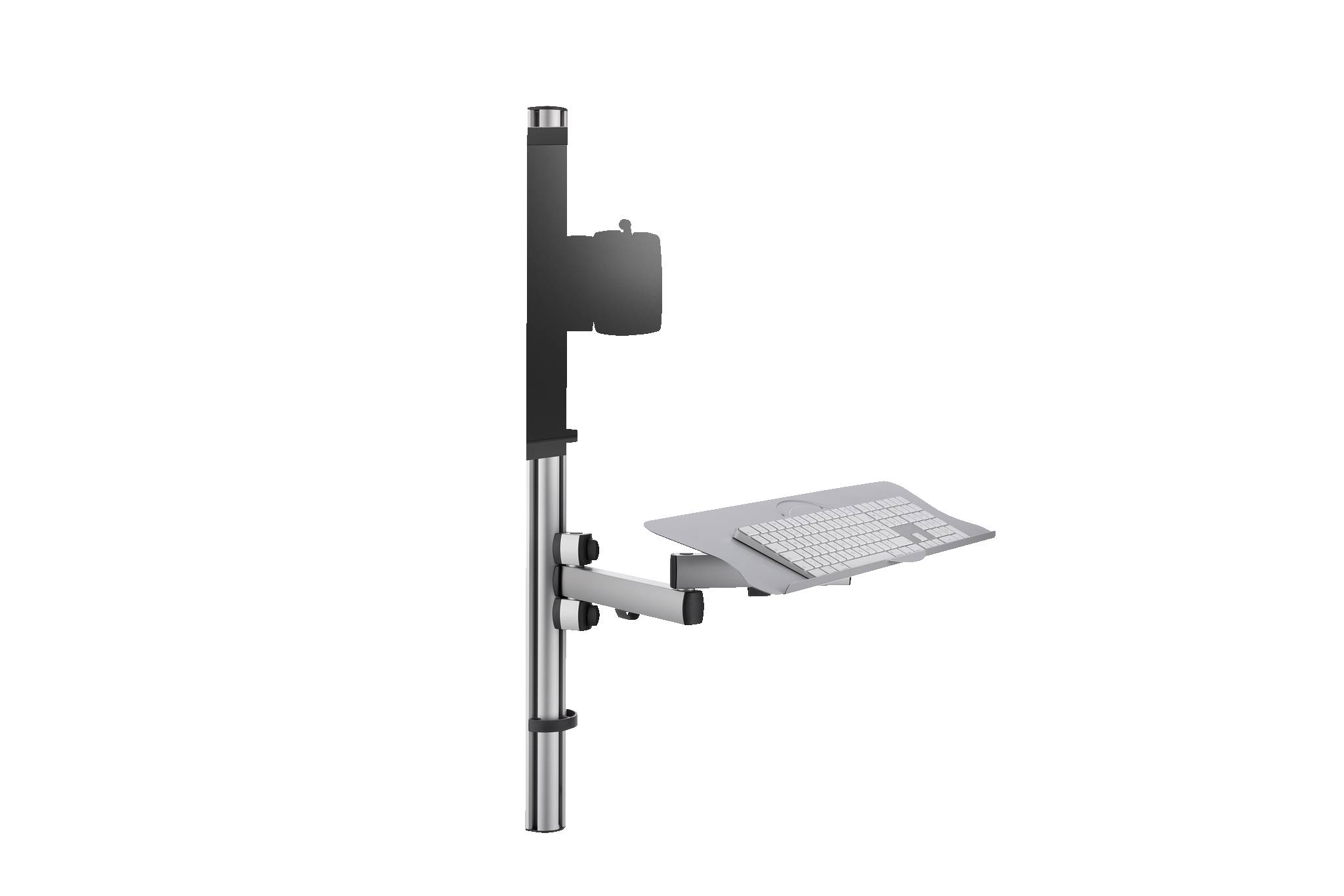 Verstellbares Keyboard-Tablett und Monitorarm montiert auf einem vertikalen Ständer, in der Seitenansicht auf schwarzem Hintergrund dargestellt.