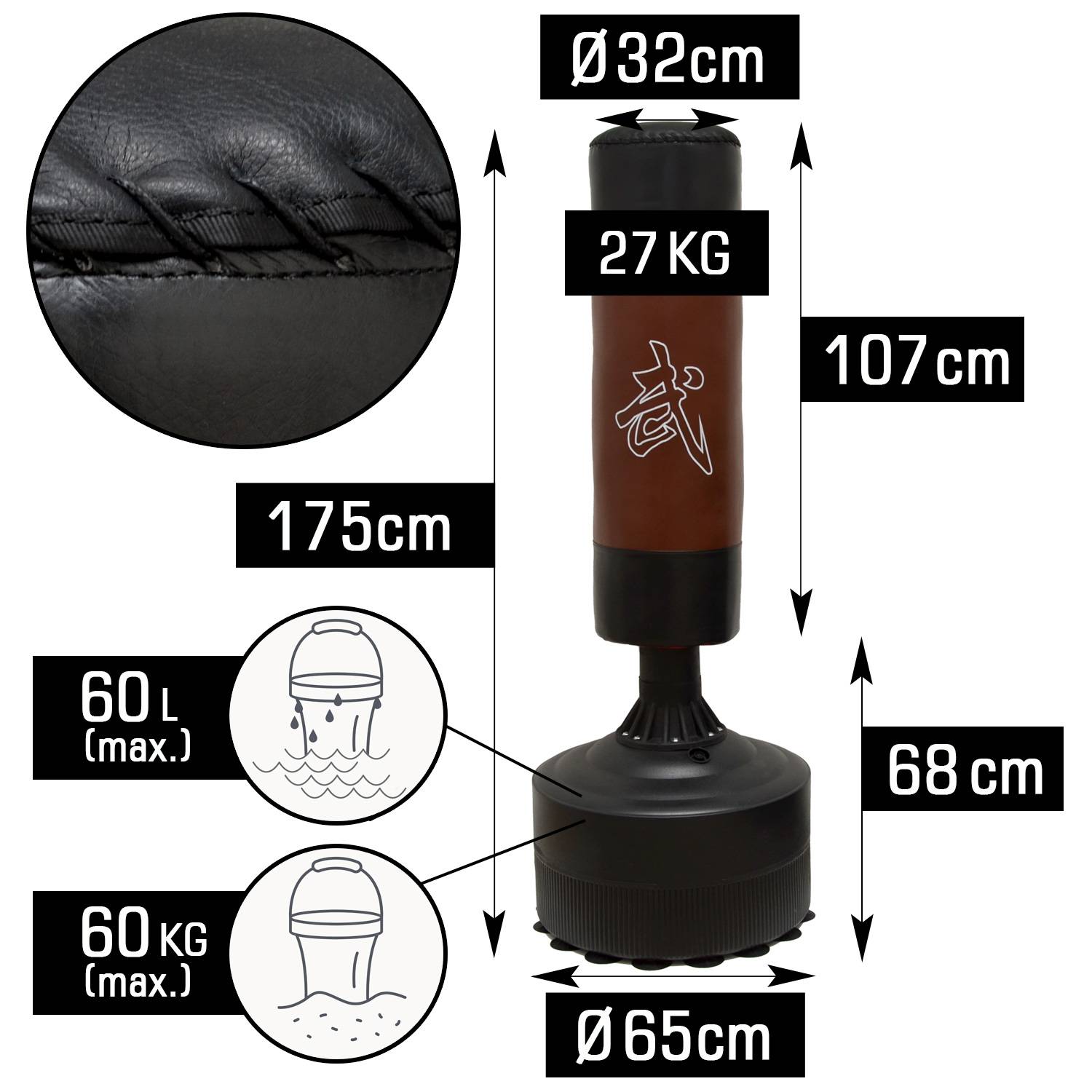 175cm Standboxsack Box Punching Bag Boxsack Stehend Boxständer Braun