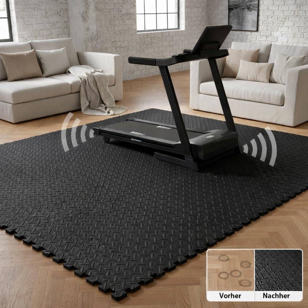 Laufband auf einer großen schwarzen strukturierten Bodenmatte in einem Wohnzimmer; das Inset zeigt „Vorher