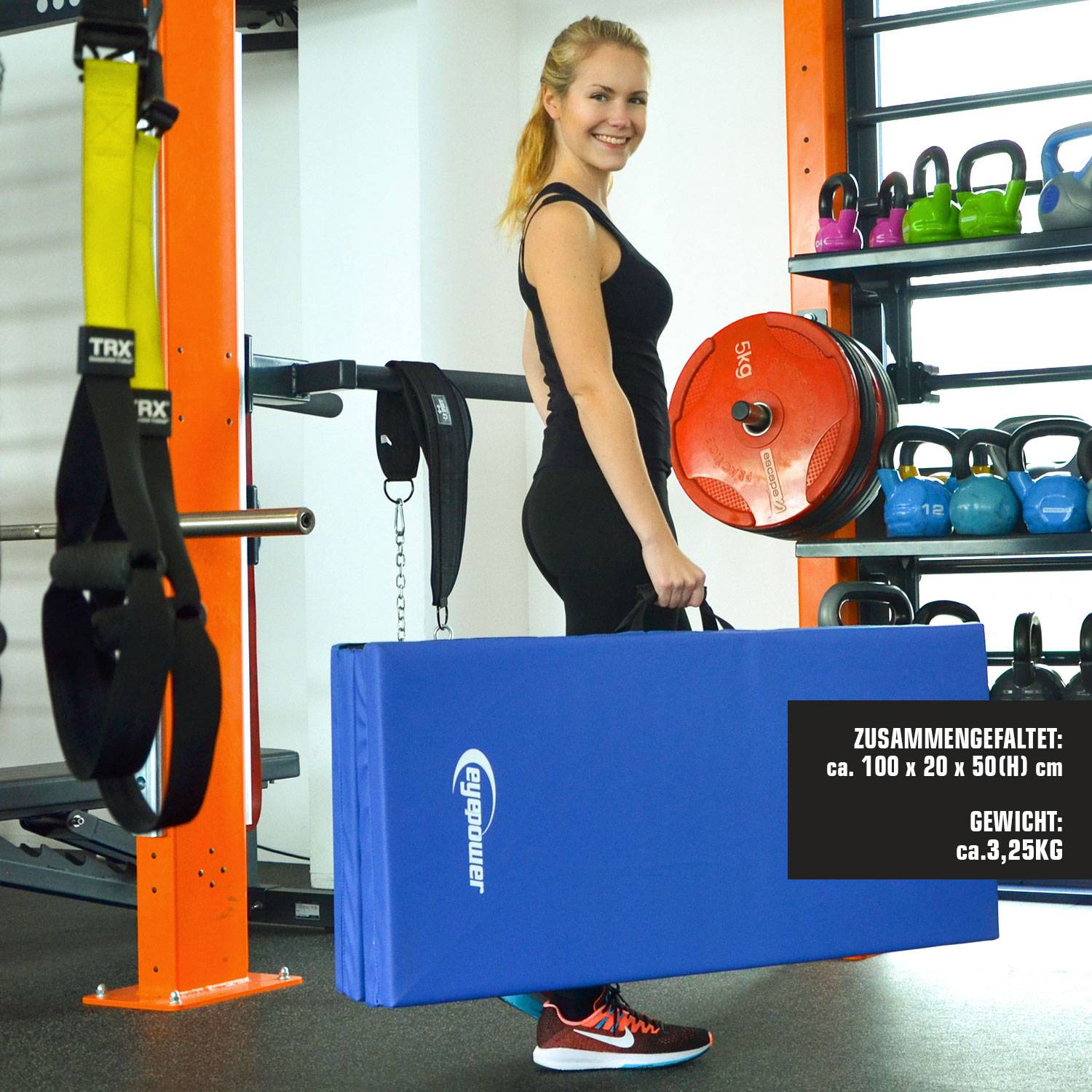 Faltbare Weichbodenmatte RG20 dicke Boden-Turnmatte Sportmatte tragbare XL Matte 200x100x5 cm Blau-Schwarz