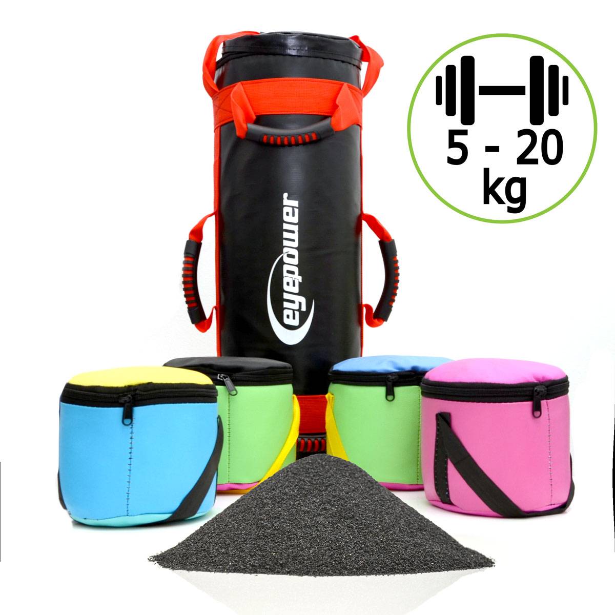 20kg Power Bag + 4 Kettlebell Gewichte - Befüllt mit Eisensand 6 Griffe Fitness