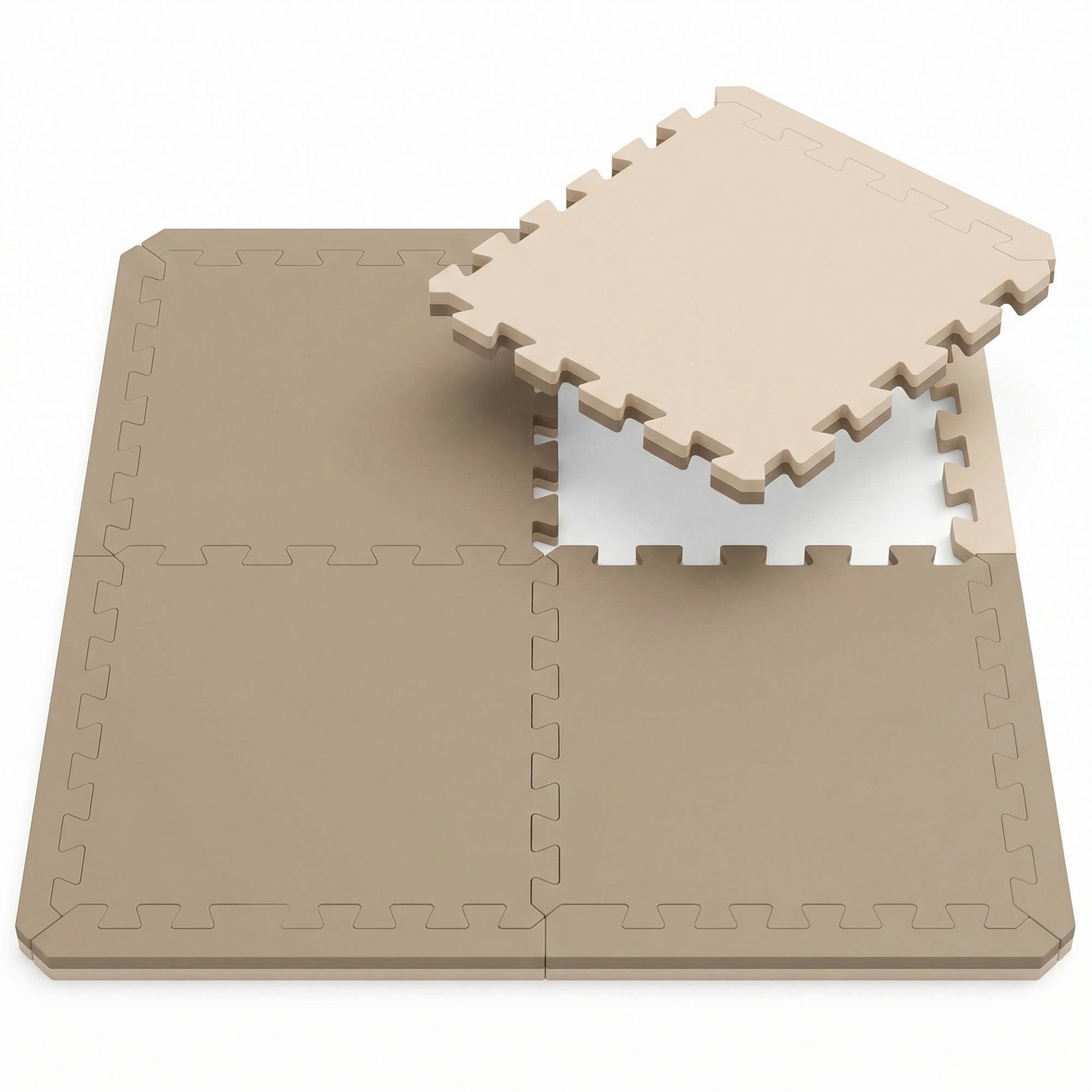 Verschlungene Schaumstoff-Bodenpuzzlematten mit einer hochgehobenen quadratischen Fliese, die die Puzzle-Kantenverbindung zeigt.