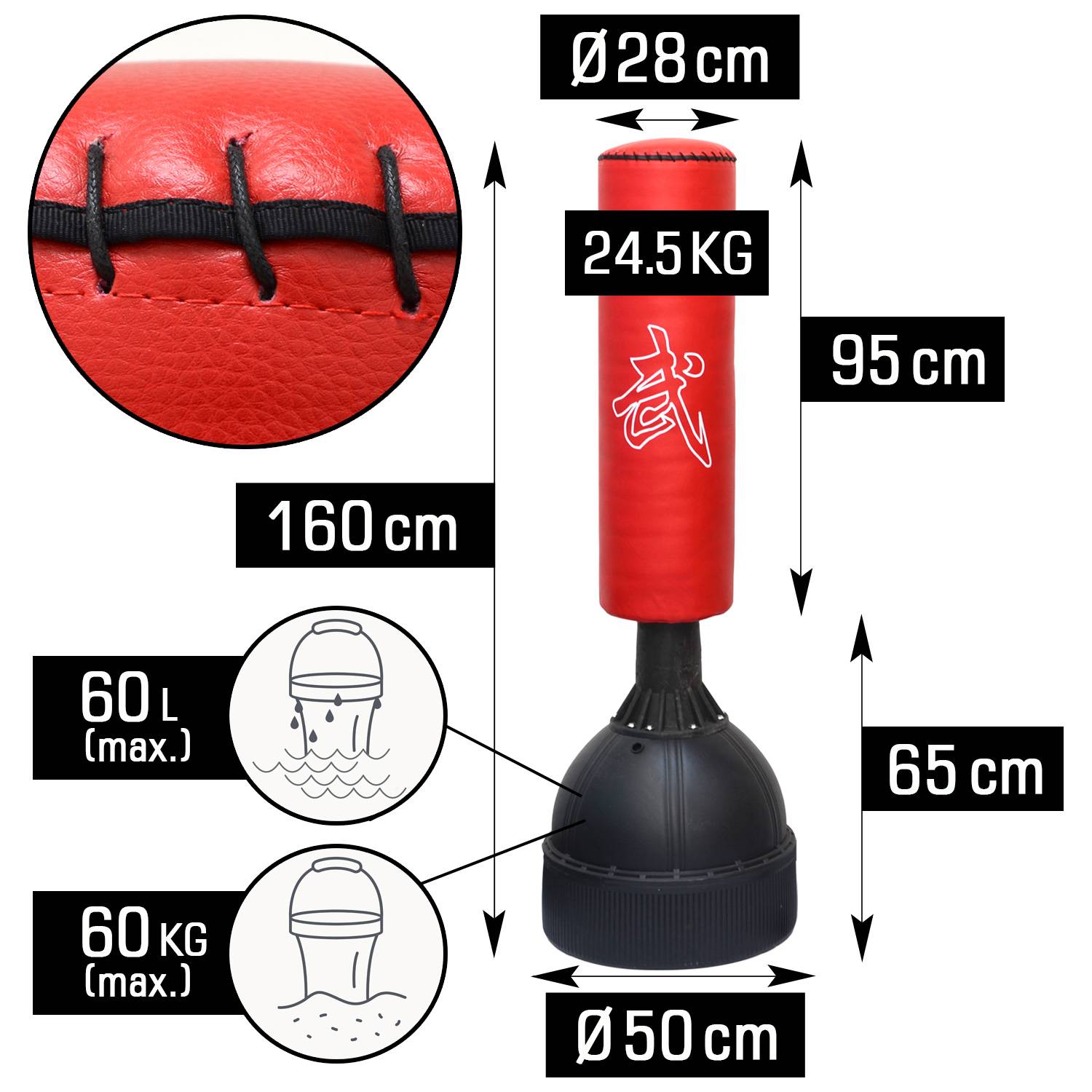 160 cm Standboxsack Box Punching Bag Standfuß PU Boxsack Stehend Boxständer Rot