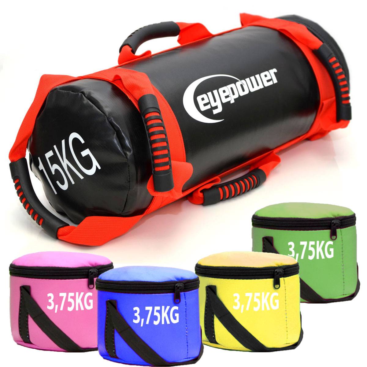 15kg Power Bag mit 4 Kettlebell Gewichten - 18x50 Home Training Sandbag 6 Griffe