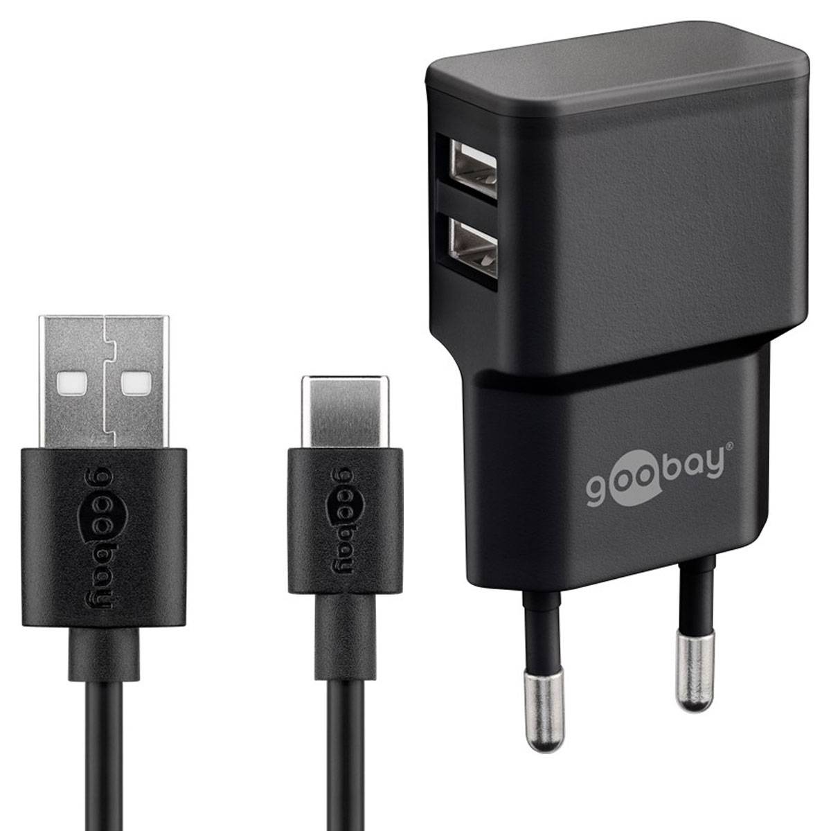 Schwarzes Goobay USB-Wandladegerät mit zwei Anschlüssen neben einem USB-A auf USB-C Kabel, dargestellt auf weißem Hintergrund.