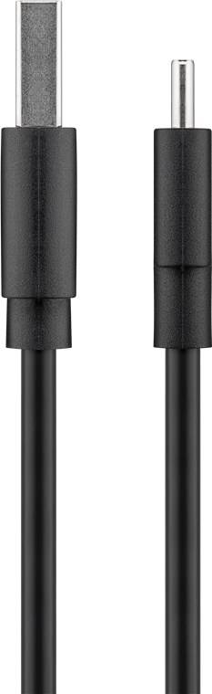 Schwarze USB-C-Kabelenden in Nahaufnahme: ein flacher USB-C-Stecker und ein runder Barrel-Stecker, beide männliche Stecker.