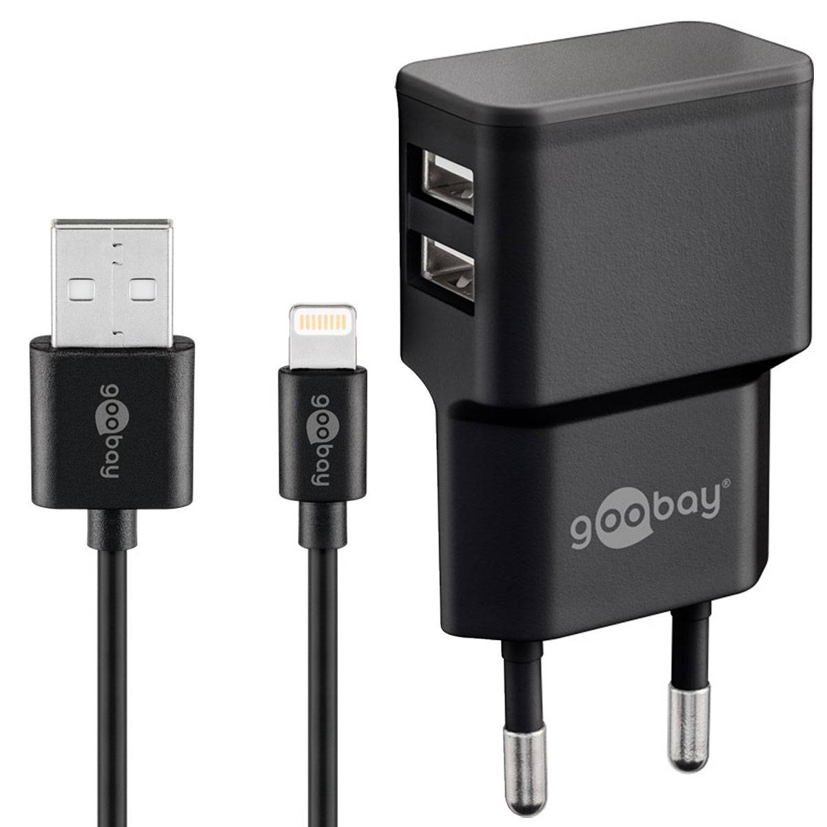 Schwarzes Goobay USB-Wandladegerät mit zwei USB-Anschlüssen und einem Kabel mit USB-A- und Lightning-Anschlüssen