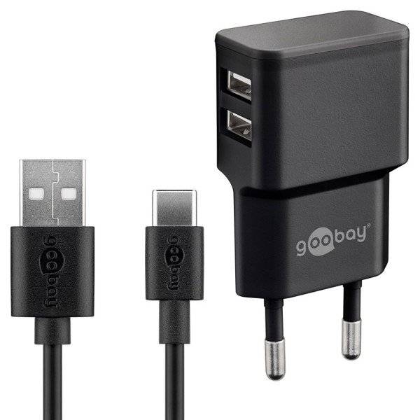 Dual Ladeset 2,4 A, Netzteil mit 2x USB-Ausgang inklusive USB-Ladekabel, schwarz Lightning Connector