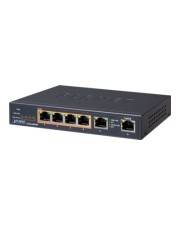 Schwarzer Ethernet-Switch mit fünf Frontanschlüssen auf weißem Hintergrund dargestellt.