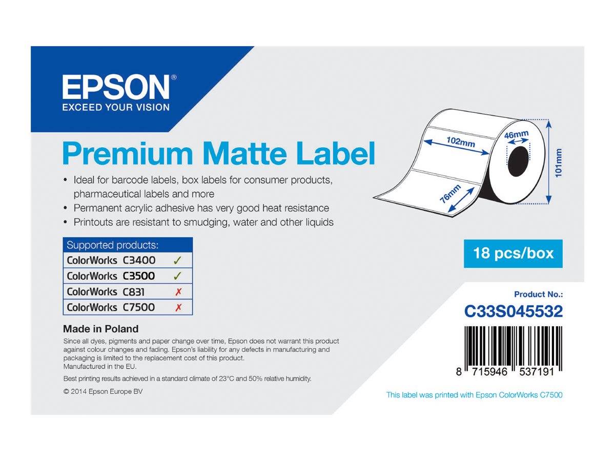Epson Premium Matte Label Verpackung für Barcode-Etiketten; zeigt Rollenetikettabmessungen, Druckerkompatibilitätsliste, 18 Stück/Karton, Produktnummer C33S045532.