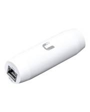 Weißes USB-Modem oder Dongle mit Ethernet-Anschluss, gezeigt auf einem einfachen Hintergrund.