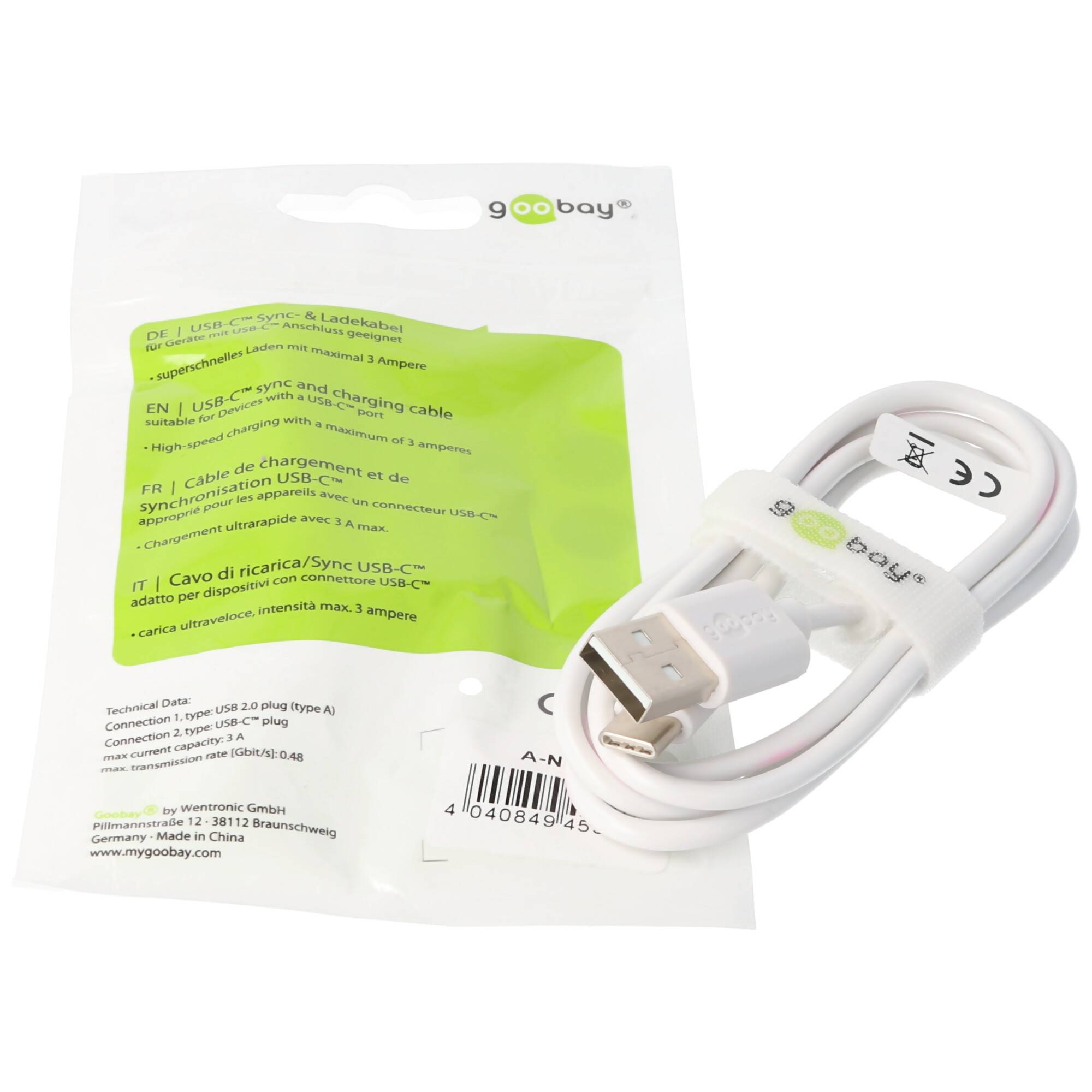 USB-C Lade- und Synchronisationskabel für alle Geräte mit USB-C Anschluss, weiß