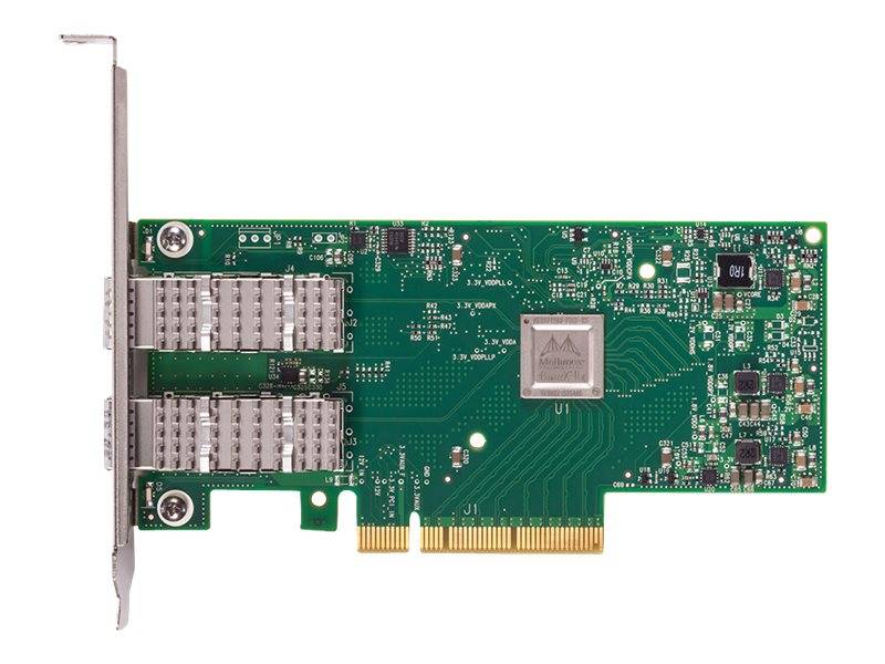Grüne PCIe-Netzwerkadapterkarte mit doppelten gestapelten Metallanschlüssen und einer Halterung zur Befestigung in einem Computer.